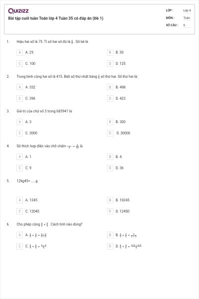 Bài tập cuối tuần Toán lớp 4 Tuần 35 có đáp án (Đề 1)