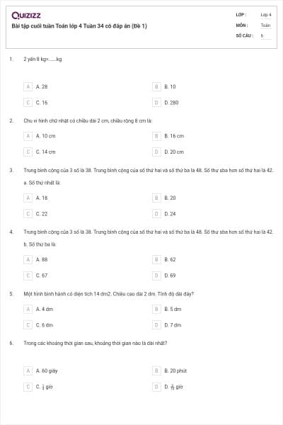 Bài tập cuối tuần Toán lớp 4 Tuần 34 có đáp án (Đề 1)