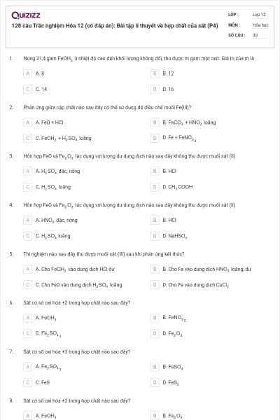 128 câu  Trắc nghiệm Hóa 12 (có đáp án): Bài tập lí thuyết về hợp chất của sắt (P4)