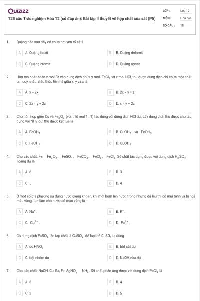 128 câu  Trắc nghiệm Hóa 12 (có đáp án): Bài tập lí thuyết về hợp chất của sắt (P5)