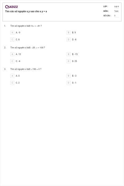 Tìm các số nguyên x,y sao cho x.y = a
