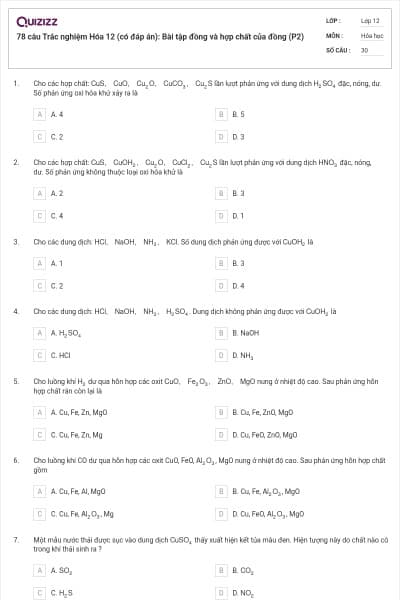 78 câu Trắc nghiệm Hóa 12 (có đáp án): Bài tập đồng và hợp chất của đồng (P2)