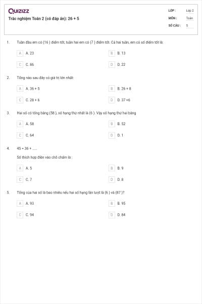 Trắc nghiệm Toán 2 (có đáp án): 26 + 5