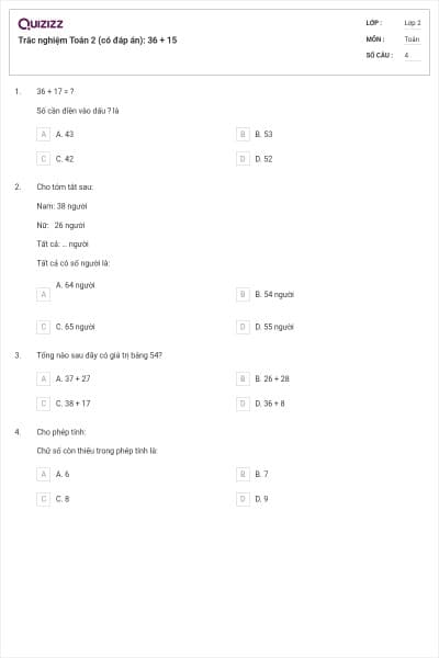 Trắc nghiệm Toán 2 (có đáp án): 36 + 15
