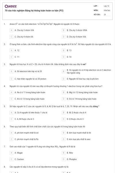 70 câu trắc nghiệm Bảng hệ thống tuần hoàn cơ bản (P2)