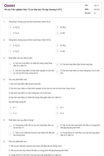 45 câu Trắc nghiệm Hóa 12 (có đáp án): Ôn tập chương 6 (P1)