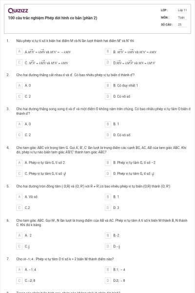 100 câu trắc nghiệm Phép dời hình cơ bản (phần 2)