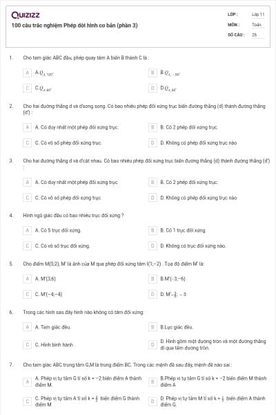 100 câu trắc nghiệm Phép dời hình cơ bản (phần 3)