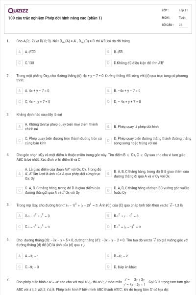 100 câu trắc nghiệm Phép dời hình nâng cao (phần 1)