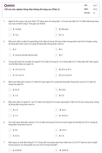 100 câu trắc nghiệm Dòng điện không đổi nâng cao (Phần 2)