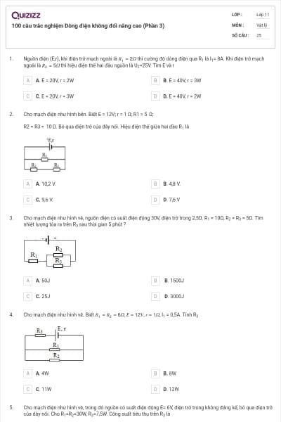 100 câu trắc nghiệm Dòng điện không đổi nâng cao (Phần 3)