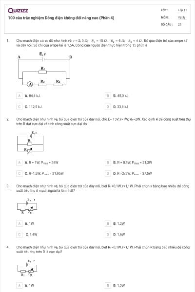 100 câu trắc nghiệm Dòng điện không đổi nâng cao (Phần 4)