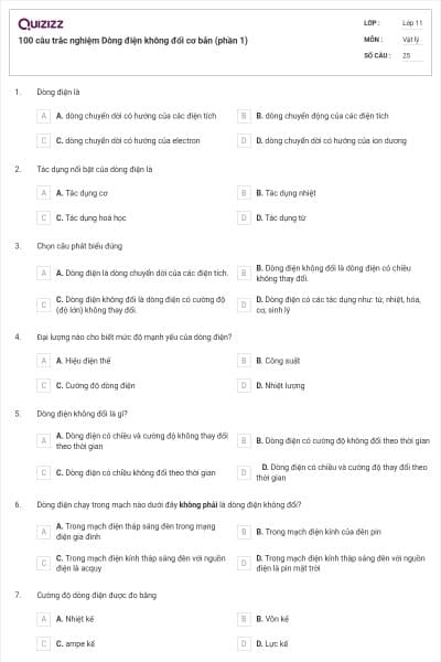 100 câu trắc nghiệm Dòng điện không đổi cơ bản (phần 1)