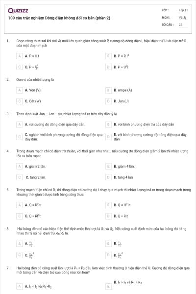100 câu trắc nghiệm Dòng điện không đổi cơ bản (phần 2)