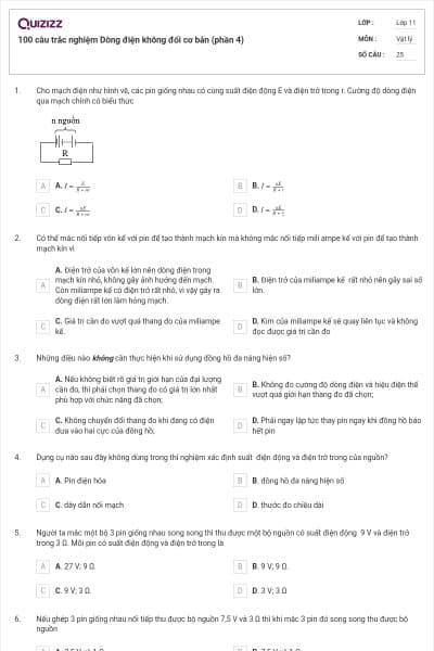 100 câu trắc nghiệm Dòng điện không đổi cơ bản (phần 4)