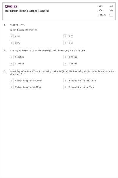 Trắc nghiệm Toán 2 (có đáp án): Bảng trừ