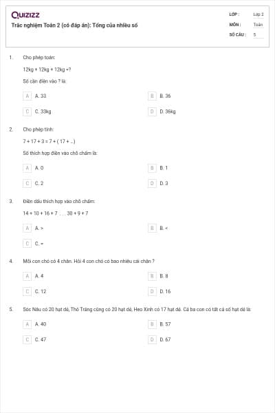 Trắc nghiệm Toán 2 (có đáp án): Tổng của nhiều số