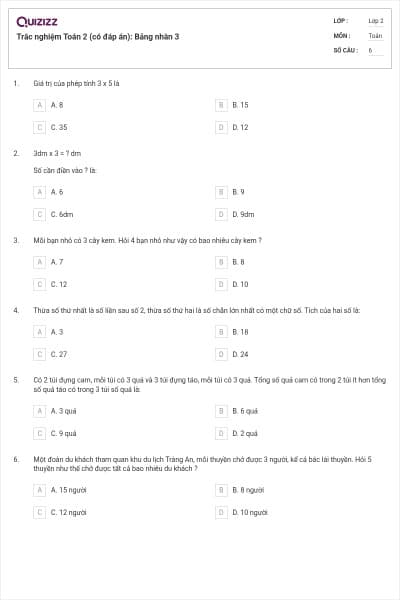 Trắc nghiệm Toán 2 (có đáp án): Bảng nhân 3