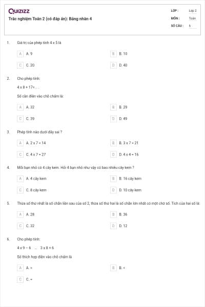 Trắc nghiệm Toán 2 (có đáp án): Bảng nhân 4