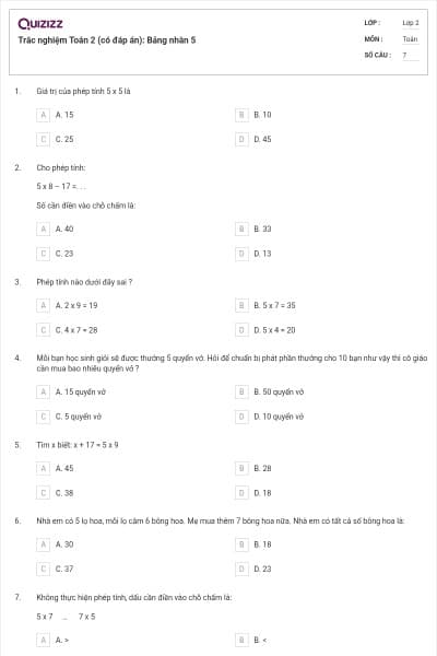 Trắc nghiệm Toán 2 (có đáp án): Bảng nhân 5