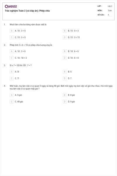 Trắc nghiệm Toán 2 (có đáp án): Phép chia