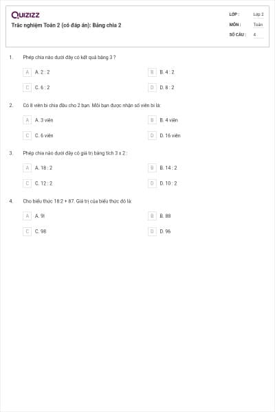 Trắc nghiệm Toán 2 (có đáp án): Bảng chia 2