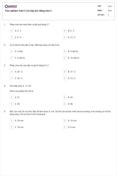 Trắc nghiệm Toán 2 (có đáp án): Bảng chia 3