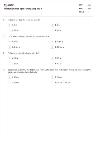 Trắc nghiệm Toán 2 (có đáp án): Bảng chia 4