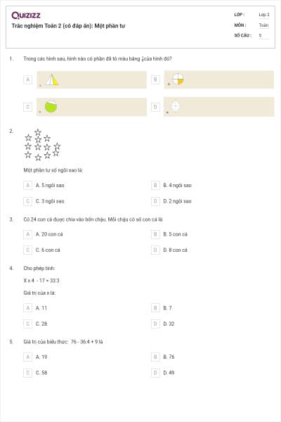 Trắc nghiệm Toán 2 (có đáp án):  Một phần tư