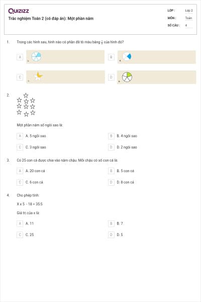 Trắc nghiệm Toán 2 (có đáp án): Một phần năm