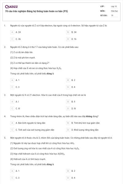 70 câu trắc nghiệm Bảng hệ thống tuần hoàn cơ bản (P3)