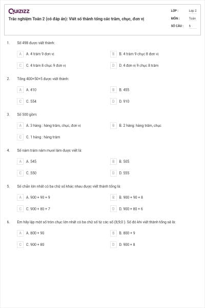 Trắc nghiệm Toán 2 (có đáp án): Viết số thành tổng các trăm, chục, đơn vị