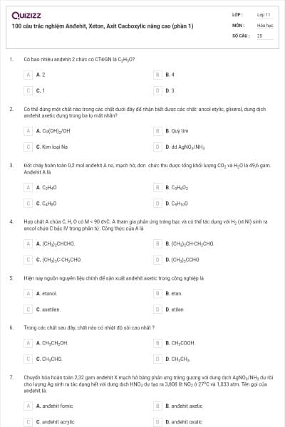 100 câu trắc nghiệm Anđehit, Xeton, Axit Cacboxylic nâng cao (phần 1)