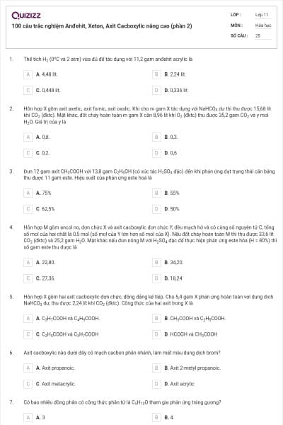 100 câu trắc nghiệm Anđehit, Xeton, Axit Cacboxylic nâng cao (phần 2)