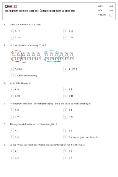 Trắc nghiệm Toán 2 (có đáp án): Ôn tập về phép nhân và phép chia