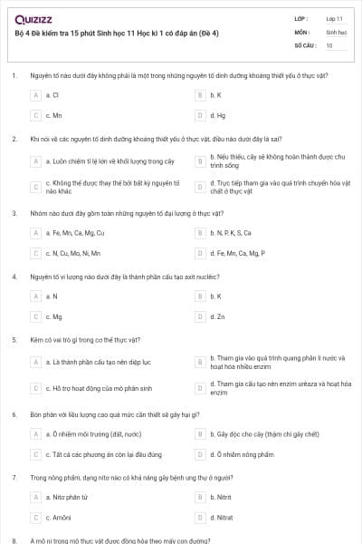 Bộ 4 Đề kiểm tra 15 phút Sinh học 11 Học kì 1 có đáp án (Đề 4)