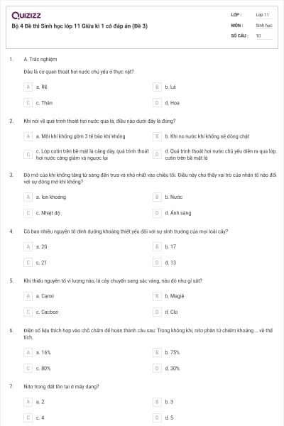 Bộ 4 Đề thi Sinh học lớp 11 Giữa kì 1 có đáp án (Đề 3)