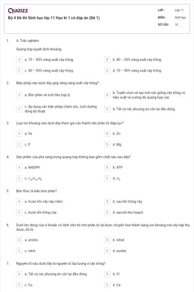 Bộ 4 Đề thi Sinh học lớp 11 Học kì 1 có đáp án (Đề 1)