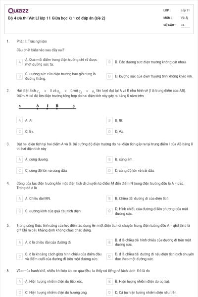 Bộ 4 Đề thi Vật Lí lớp 11 Giữa học kì 1 có đáp án (Đề 2)