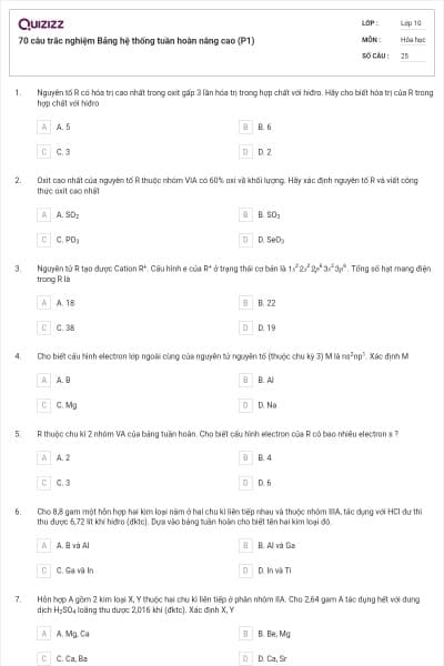 70 câu trắc nghiệm Bảng hệ thống tuần hoàn nâng cao (P1)