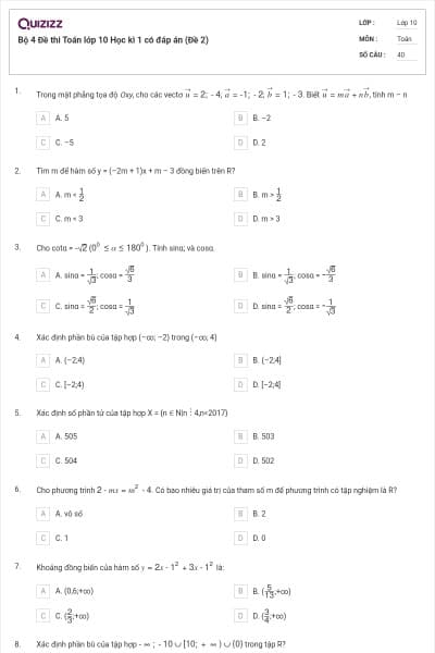 Bộ 4 Đề thi Toán lớp 10 Học kì 1 có đáp án (Đề 2)