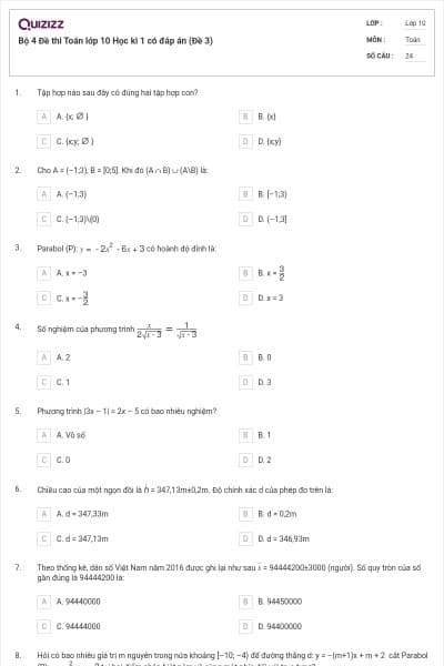 Bộ 4 Đề thi Toán lớp 10 Học kì 1 có đáp án (Đề 3)