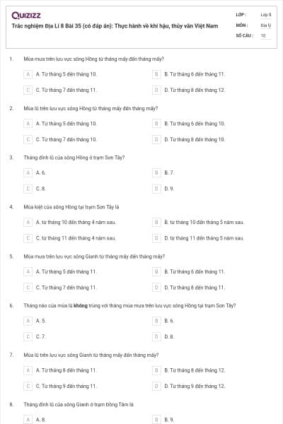 Trắc nghiệm Địa Lí 8 Bài 35 (có đáp án): Thực hành về khí hậu, thủy văn Việt Nam