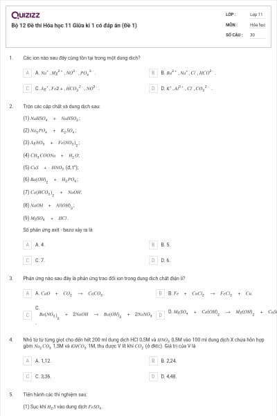 Bộ 12 Đề thi Hóa học 11 Giữa kì 1 có đáp án (Đề 1)