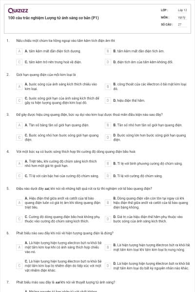 100 câu trắc nghiệm Lượng tử ánh sáng cơ bản (P1)