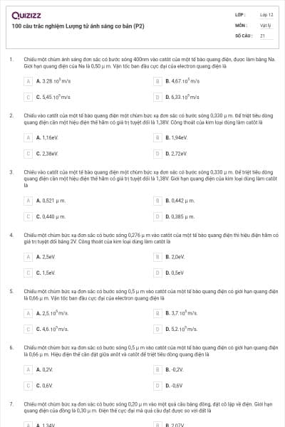 100 câu trắc nghiệm Lượng tử ánh sáng cơ bản (P2)