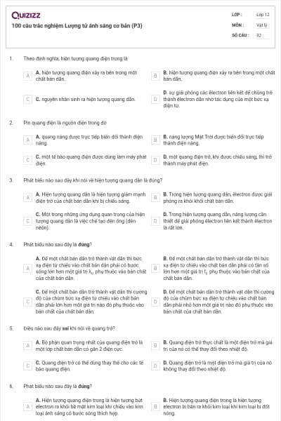 100 câu trắc nghiệm Lượng tử ánh sáng cơ bản (P3)