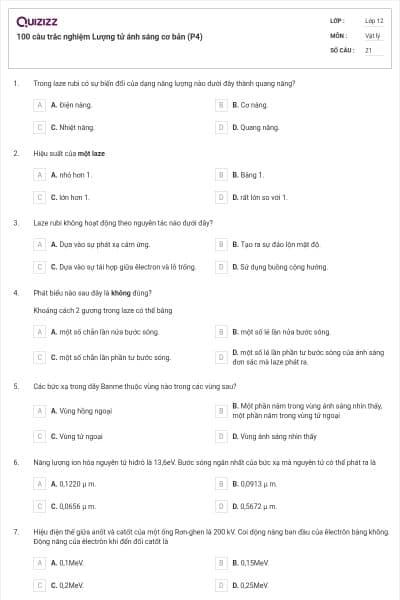 100 câu trắc nghiệm Lượng tử ánh sáng cơ bản (P4)