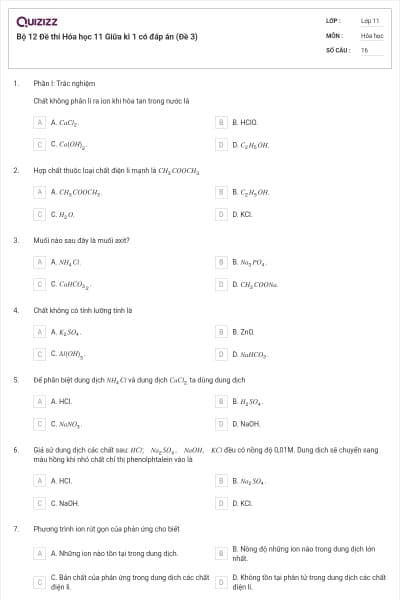 Bộ 12 Đề thi Hóa học 11 Giữa kì 1 có đáp án (Đề 3)