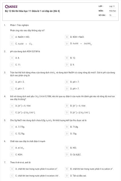 Bộ 12 Đề thi Hóa học 11 Giữa kì 1 có đáp án (Đề 4)
